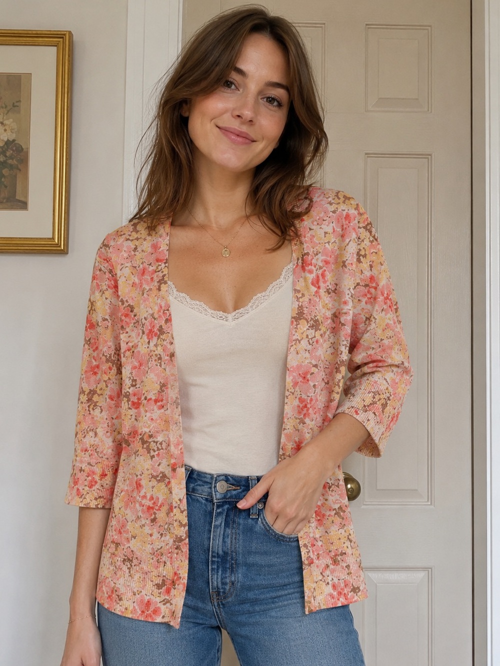 Merona Pink Floral Open Cardigan with 3/4 Sleeves - Picture 3 of 3